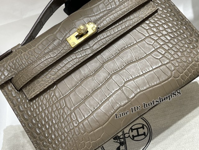 Hermes專櫃經典款凱莉mini手提女包 愛馬仕Kelly一代22CM霧面美洲鱷大象灰金扣純手工包 zhh1139